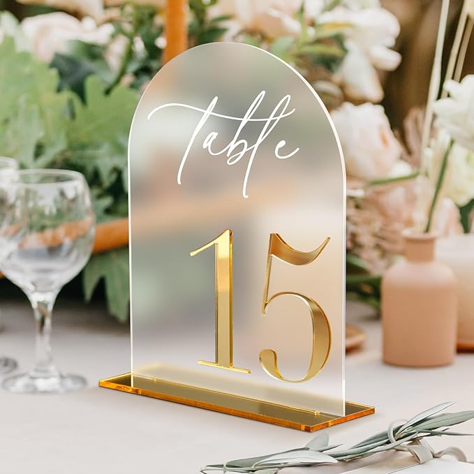 HOODO Frosted Arch Acrylic Wedding Table Numbers 1-15 with Stands, 5"x7" Arched Acrylic Signs with 3D Gold Numbers, Frosted 3D Table Numbers for Wedding Reception