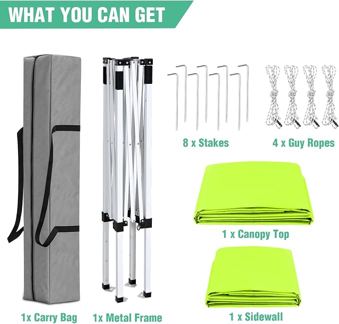 5x5 Pop Up Canopy Tent with One Sidewall, Instant Portable Beach Canopy, Outdoor Tent with Carry Bag for Camping, Sports, Tailgating, Events, Neon Green