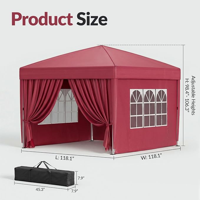 10x10 Pop Up Canopy with Sidewalls, Instant Tent with Carry Bag, Height Adjustable Waterproof Shade Canopy, for Event, Parties, Camping (Red, 10x10 with Sidewalls)