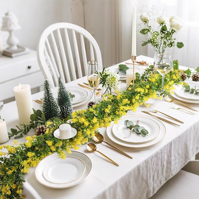 RECUTMS 3Pcs Hanging Garland Plants Artificial Eucalyptus Garland Fake Hanging Eucalyptus Leaf Garlands with Flowers Faux Vine Plants for Indoor Outdoor Spring Home Wall Arch Wedding Decor(Yellow)