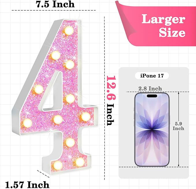 12.6 Inch LED Pink Marquee Light Up Numbers, Sweet 4th Birthday Decorations Number Lights as Gifts for Girls Women, Glitter Lighted Marquee Numbers for Pink Anniversary Party Table Decor, 4