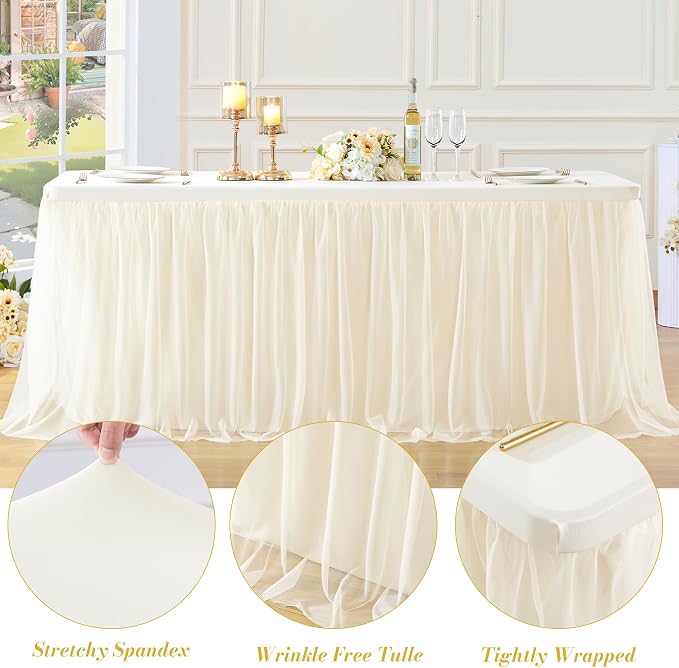 6 Pack Champagne Table Cloth for 8 Foot Rectangle Tables, Stretch Fitted Tulle Table Covers Skirt, Rectangular Ruffle Tutu Tablecloth Wedding Banquet Baby Shower Cake Tablecloths Decorations