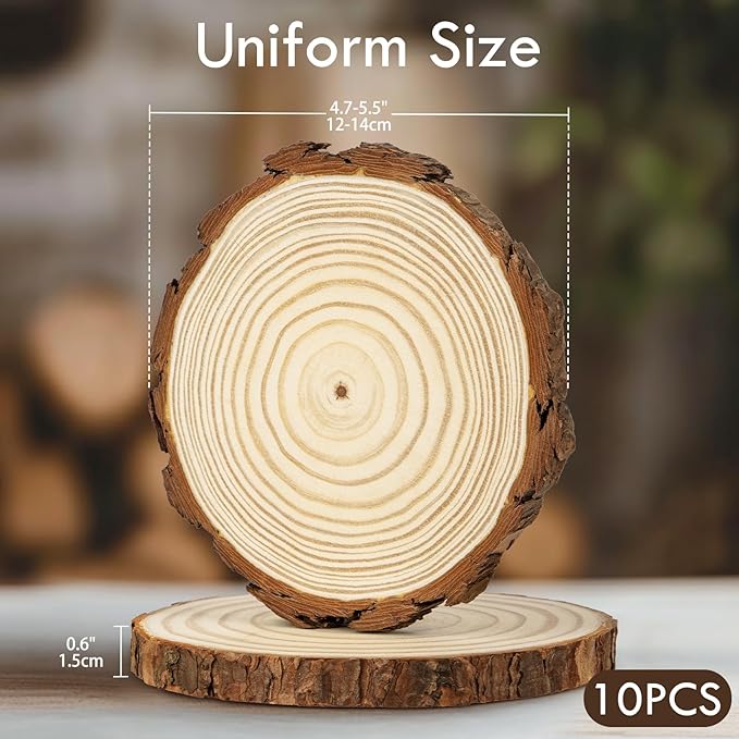 Unfinished Natural Wood Slices for Crafts - 10 Pcs Natural Round Discs Rustic Wood Slices 4.7-5.5 Inch Wooden Tree Bark Discs for DIY Centerpieces Table Base Decoration Wedding Ornaments Coasters