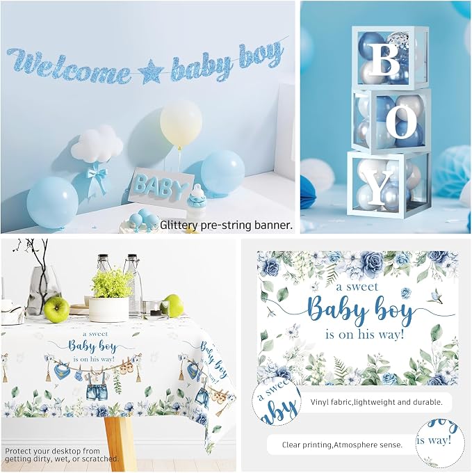 cocomigo 260PCS Baby Boy Baby Shower Decorations All-in-One Set with Baby Boy Balloon Arch, Tableware, Advice Cards, Cake Topper, Balloon Box, Backdrop, Sash, Corsage, Etc. Serves 20