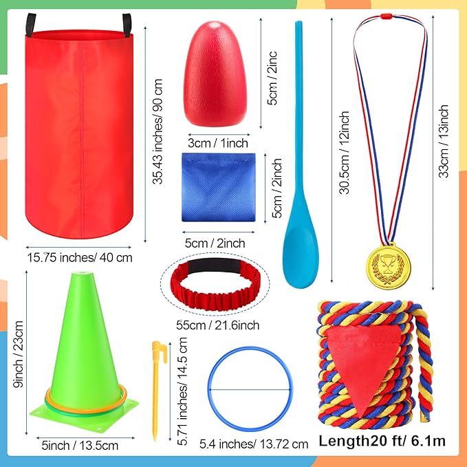 Wettarn 70 Pcs Field Day Game Set Potato Sack Race Bags for Teens Adult Egg Spoon Bean Bags Ring Toss 3 Legged Relay Race Tug of War Rope Carnival Outdoor Games