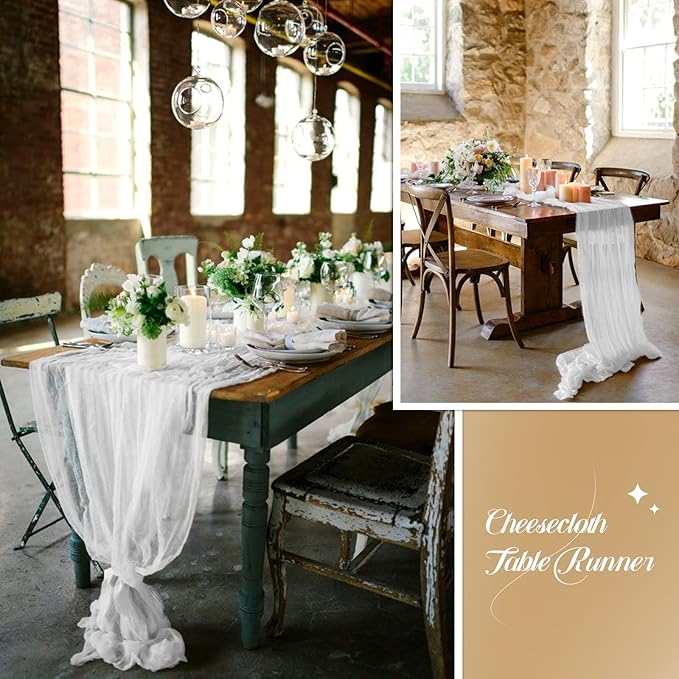 Showgeous 10 Pack White Cheesecloth Table Runner Gauze Table Runner 10FT Long Semi-Sheer Table Runner Boho or Rustic Wedding Table Decor for Wedding Decor Arch Draping Bridal Shower Holiday Party