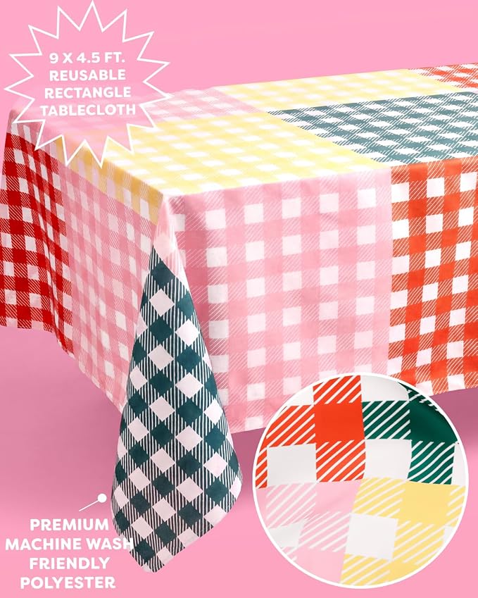 xo, Fetti Gingham Checkered Washable Tablecloth - 9ft. | Camp Bachelorette Party Supplies, Getting Lit + Getting Hitched, Glamping Birthday Party Decorations, Pastel Baby Shower, Cute Tableware