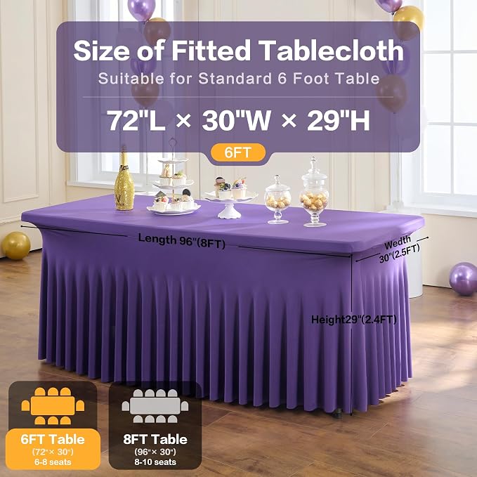 leegleri 2 Pack Purple Spandex Fitted Tablecloths for 6 Foot Rectangle Tables, Purple Stretch Table Cloth with Table Skirt, Wrinkle Free Spandex Table Covers 6ft for Parties, Weddings, Trade Shows