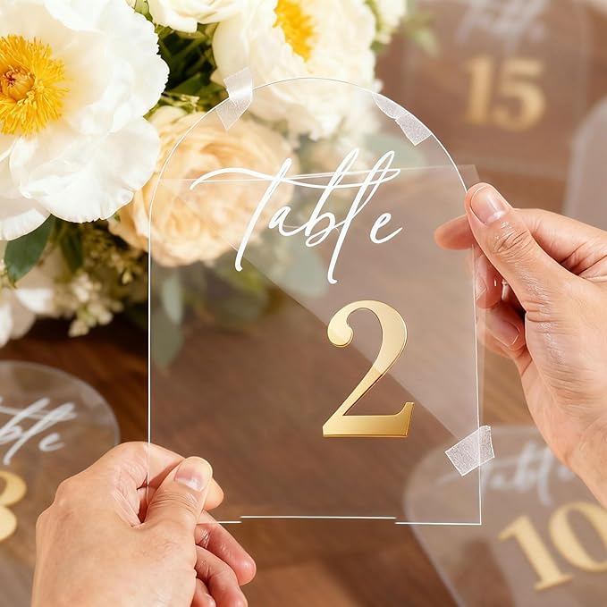 Arch Wedding Table Numbers 1-10 with Stands,5 x 8 Inch Transparent Acrylic Reception Table Signs Golden Letters,Perfect for Wedding Receptions, Parties, Anniversaries, and Events (1-10 golden)