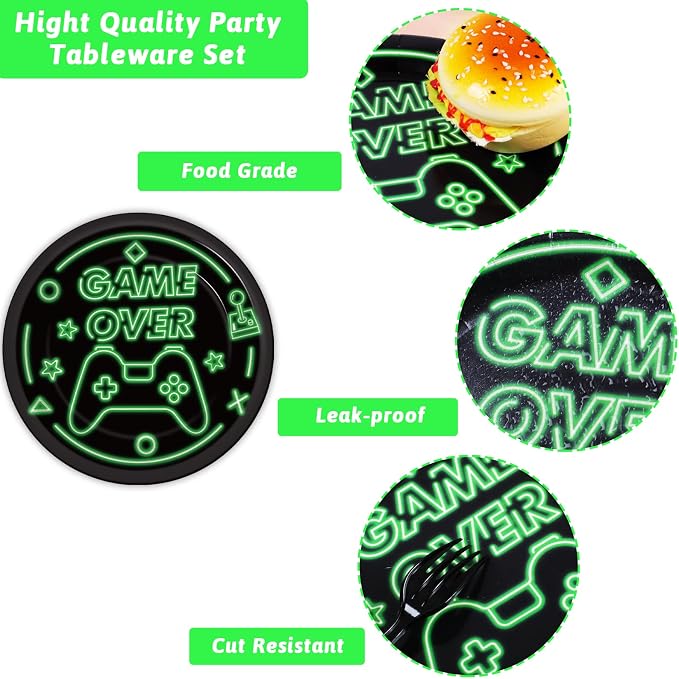 96pcs Video Game Party Supplies Tableware Set Neon Game On Paper Plates and Napkins Green Gaming Birthday Party Decorations Favors for Boys Kids Gamer Baby Shower,Serves 24