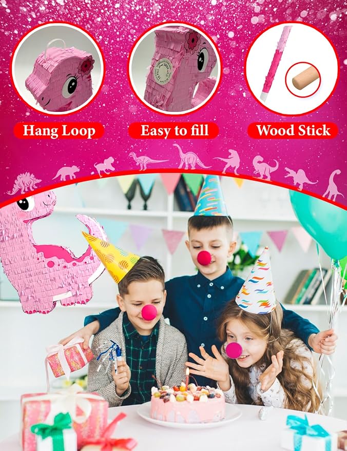 Pink Dinosaur Piñata Girls, Piñata de Dinosaurio para niñas with 12pcs Paper Glasses, Wood Stick, Confetti and Blindfold, Dino Piñata for Birthday Party Decorations（16"x12.6"x3.5"）
