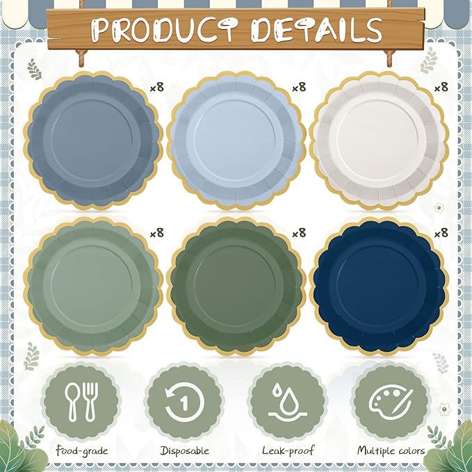48 Pcs Dusty Blue Sage Green Paper Plates 9 Inch Green Blue Scalloped Paper Disposable Dinner Dessert Plates for Birthday Wedding Bridal Party Supplies, 6 Colors