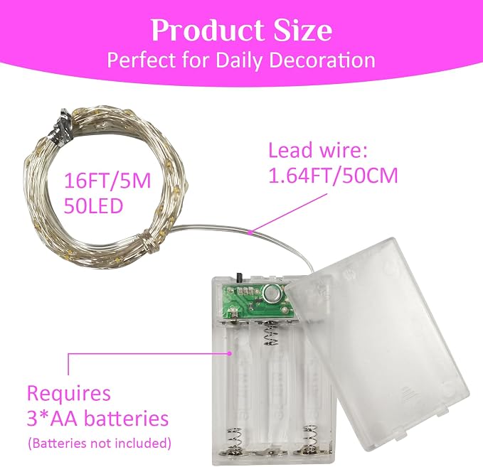 QITONG 6 Pack Fairy Lights Battery Operated, Each 16 ft 50 LED Pink Mini String Lights, Sliver Wire Christmas Twinkle Lights Indoor