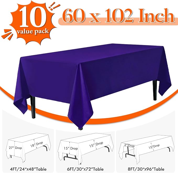10 Pack Purple Tablecloth 60x102 Inch Purple Table Cloth for 6 Foot Rectangle Tables, Wrinkle Resistant Rectangular Tablecloth Washable Polyester Fabric Table Covers for Party Banquet Wedding Buffet