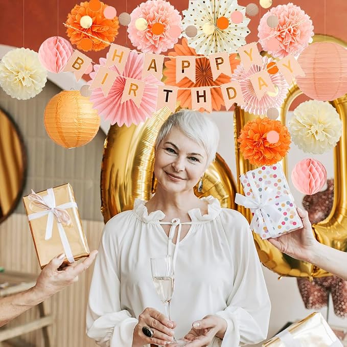 Boho Fall Peach and Orange Birthday Decorations Paper Lanterns Orange Peach Beige Pom Poms Pastel Autumn Birthday Party Decorations for Girls Women with Banner Beige Gold