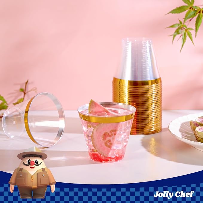 JOLLY CHEF 100 Pack Gold Plastic Cups, 9 oz Clear Plastic Tumblers, Elegant Gold Rimmed Cups, Disposable Glasses for Wedding, Thanksgiving Day, Christmas Party