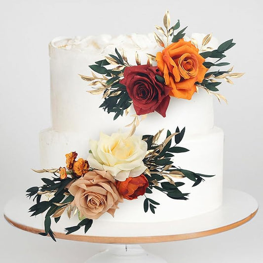 Rinlong 2Pcs Pre-made Cake Topper Cake Decorating Flowers for Cake Decor Boho Gold Burnt Orange Fall Cake Decoratiions for Christening Wedding Baptism Birthday