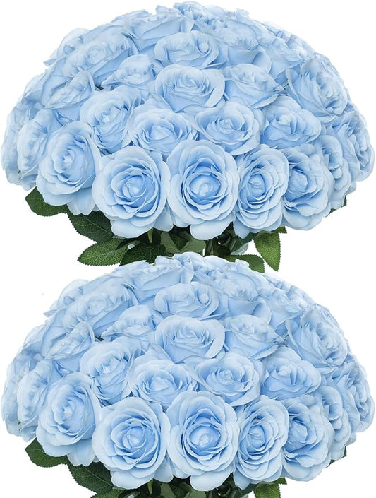 50pcs Artificial Roses Flowers in Bulk,Realistic Silk Fake Rose with Long Stem for Wedding Centerpieces Bouquet Party Floral Arrangement Home Decoration (Blue)