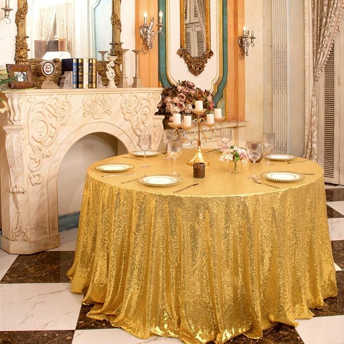 Juya Delight 90'' Round Gold Sequin Tablecloth for Wedding Birthday Party Festival Ceremony Dessert Table