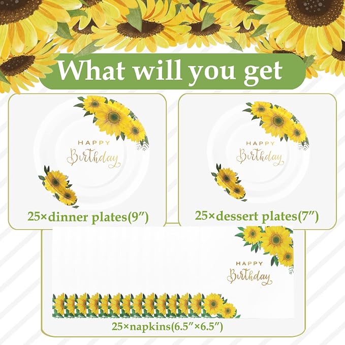 Sunflower Birthday Decorations for Women, Happy Birthday Plates and Napkins for Women Girl, Sunflower Party Decorations Serves 25, Thanksgiving Fall Party Decorations