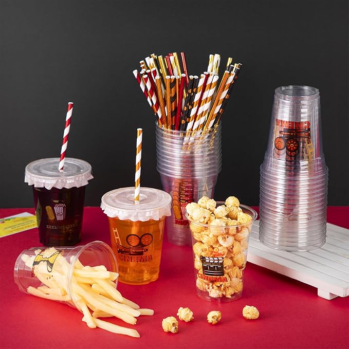 FoldTier 50 Pcs Movie Night Cups 12 oz Disposable Plastic Cups with Straws and Lids Cinema Clear mug Birthday mugs Supplies Birthday Table Decorations Party Favor