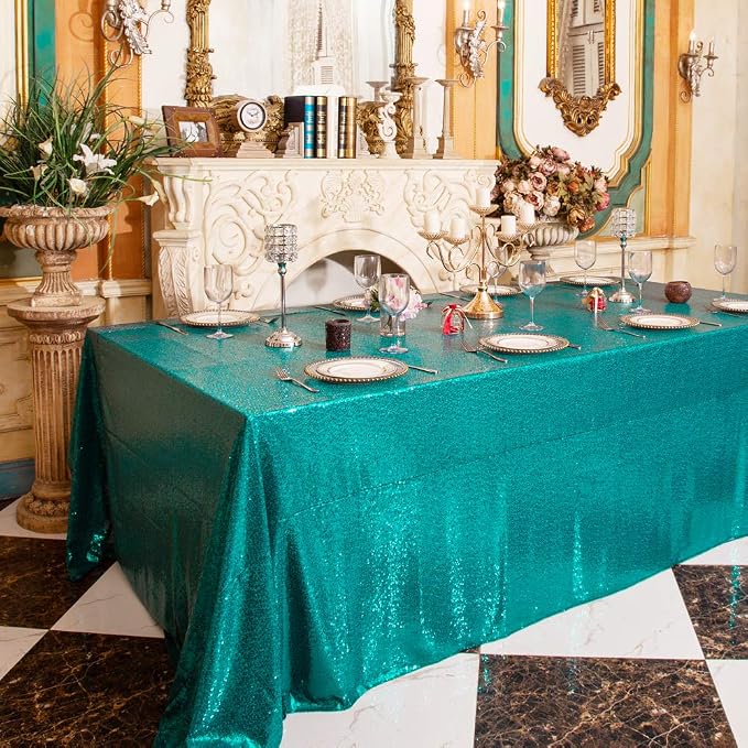 Juya Delight 90" x 132" Teal Sequin Rectangle Tablecloth for Wedding Birthday Party Festival Ceremony Cake Dessert Table