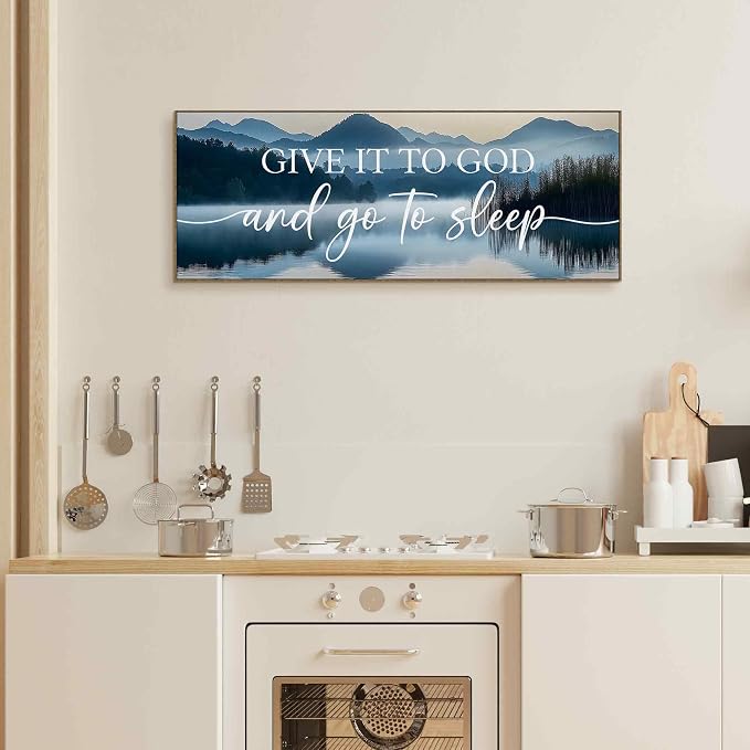 TLESKE Give It to God and Go to Sleep Sign Large Wall Art Decor Framed 15x40, Above Bed Over Bed Canvas Wall Art Decor Print for Bedroom, Boho Mountains Bedroom Signs Wall Artwork Picture
