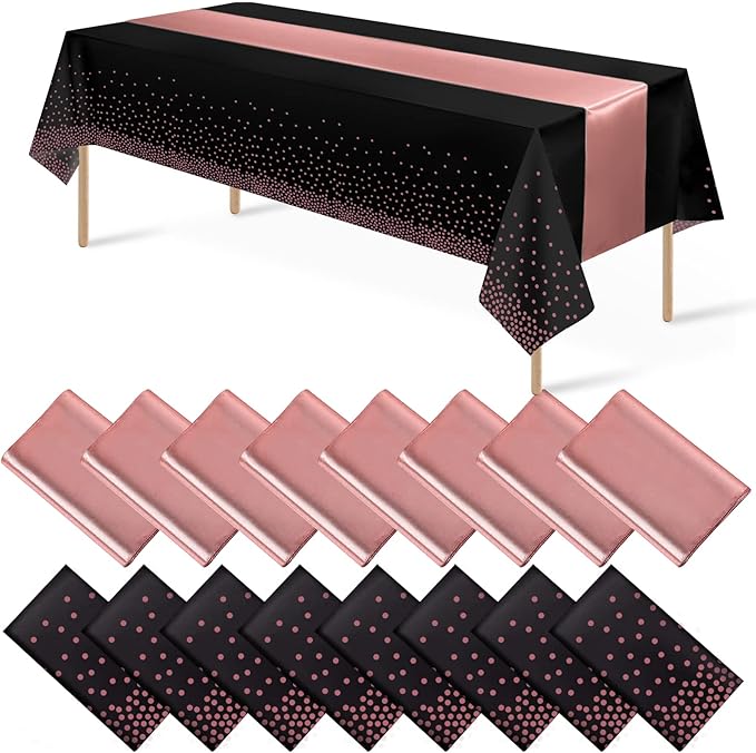 16Pack Disposable Plastic Tablecloths and Satin Table Runner Set Black and Rose Gold Dot Tablecloth Gold Satin Table Runner for Wedding Birthday Baby Shower Anniversary Christmas New Year Party Supply
