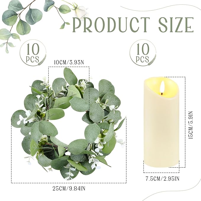 VIHOSE 10 Set Candle Rings Artificial Eucalyptus Leaves Wreaths with Flameless Candles Sets Boho Wreath Pillar Candleholders LED Pillar Battery Table Centerpieces for Wedding Party Table Door Decor