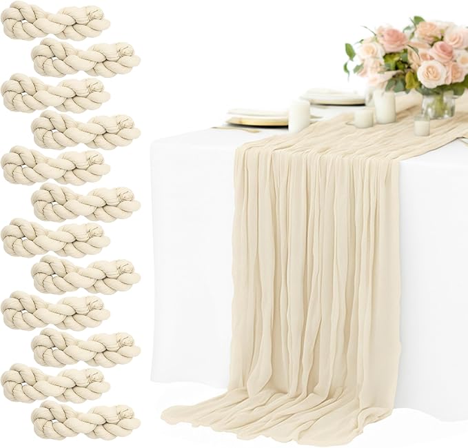 12 Pack Beige Cheesecloth Table Runners 10FT Long – 35 x 120 Inch Boho Gauze Table Runners for Engagement, Wedding, Baby Shower & Home Decor – Soft Wrinkled Polyester Fabric