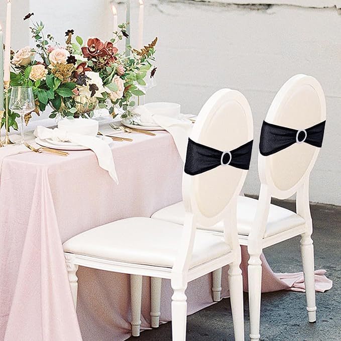 SquarePie Pack of 50 Black Chair Sashes Bows with Buckle Slider Glitter Universal Elastic Spandex Chair Bands Ties for Banquet Event Decor
