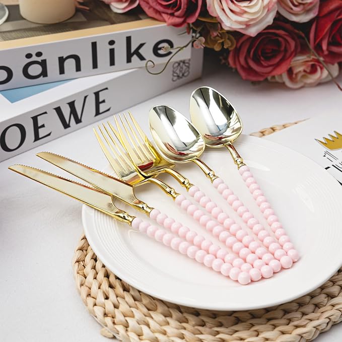 150 Pcs Gold Plastic Silverware,Gold Plastic Utensils with Pink Beads Handle,Fancy Disposable Cutlery Set Include 50 Forks 50 Knives 50 Spoons for Party & Wedding