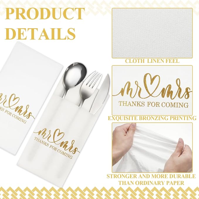 Panelee 100 Pcs Wedding Napkins with Built-in Flatware Pocket Mr and Mrs Personalized Napkins Linen Feel Disposable Dinner Supplies for Wedding Reception Bridal Shower Party Decor(Gold)