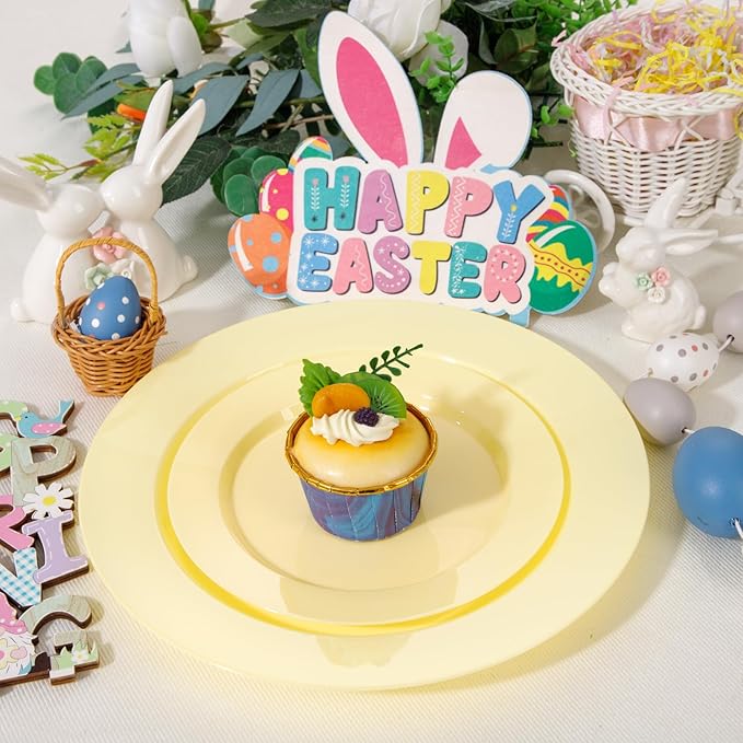 FLOWERCAT 200PCS Yellow Plastic Plates Disposable Plates for Party - Heavy Duty Plastic Plates - 100 10" Dinner Plates and 100 7" Salad Plates for Weddings, Easter Parties and Events