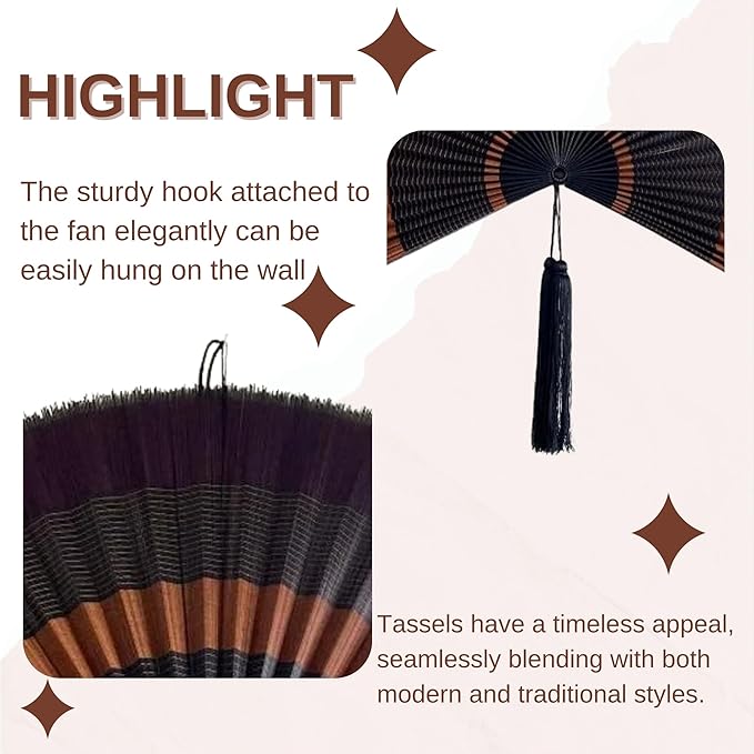 ChumDecor Fan Wall Decor, Large Bamboo Fans for Boho Hanging Headboard, Decorative Folding Fans for Over Bed, Asia Trending (Ebony 31inch)