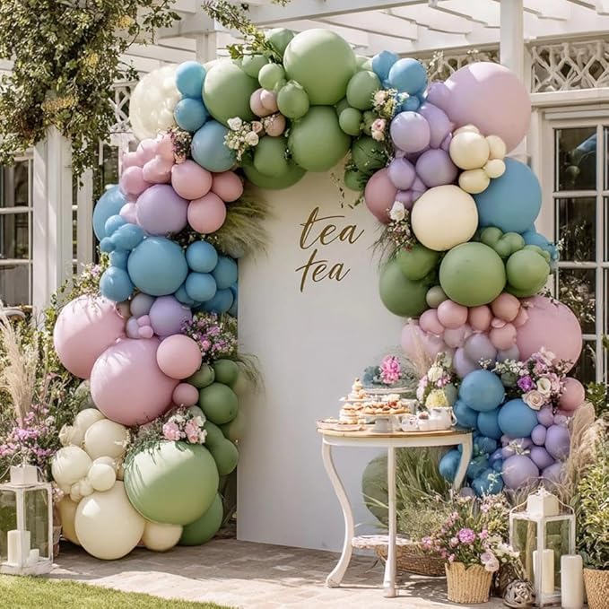 Blue Green Pink Balloon Garland Double Stuffed Sage Green Dusty Blue Pink Purple Lavender Balloons Pastel Balloon Arch Kit for Birthday Baby Shower Gender Reveal Flower Tea Party Decorations