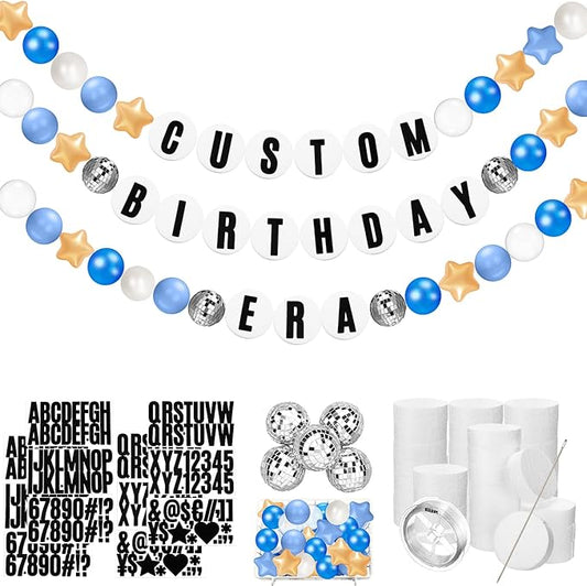 Simgoing Giant Friendship Bracelet Garland Kit DIY Banner with Letter Ball Jumbo in My Birthday Era Decorations for Classroom Graduation Party Supplies Photo Booth Backdrop(Blue, Gold, White)