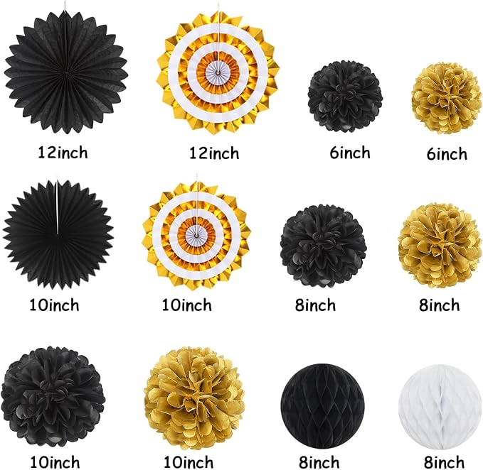 Black Gold Party-Decoration Graduation Banner - 14pcs Kits Cap Garland Streamers, Paper Tissue Pom Poms Flowers Fans Honeycomb,Class Of 2026 College High School Grad Decor Hugfond