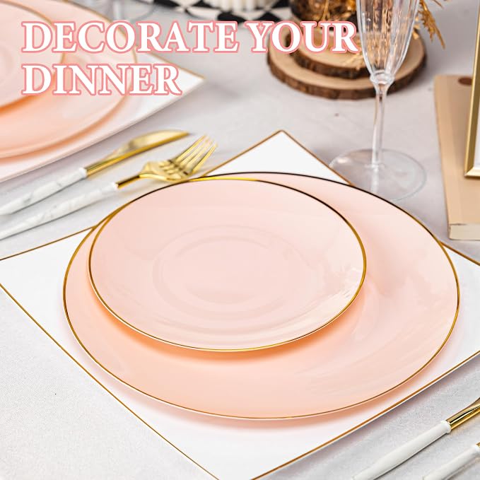 Lullaby 100PCS Pink and Gold Plastic Plates, Disposable Pink Plastic Plate with Gold Rim, 50PCS Dessert Plates 7" and 50PCS Dinner Plates 10", Perfect for Party Wedding and Daily Use