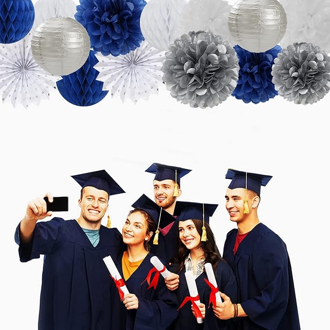 Navy-Blue White Silver Party Decorations - 14pcs Kits Paper Lanterns Fan,Tissue Flower Pom Poms Streamers,Honeycomb Balls,Graduation 2026 Men Birthday Wedding Baby Bridal Shower Decor Lasting Surprise