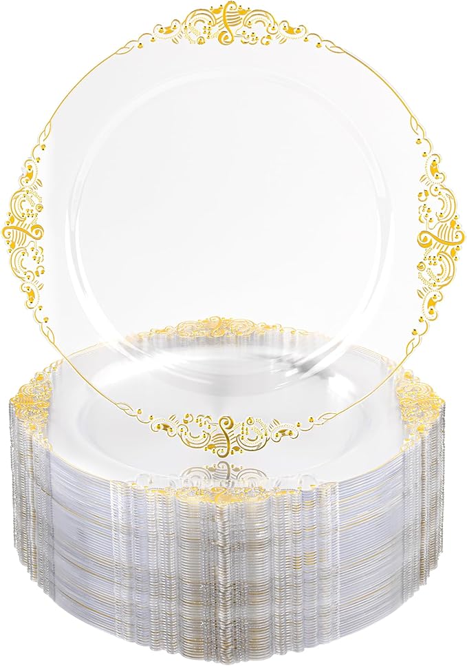 Nervure 100PCS Clear and Gold Plastic Plates - 10.25Inch Gold Disposable Plates - Heavyweight Dinner Plate for Wedding & Party