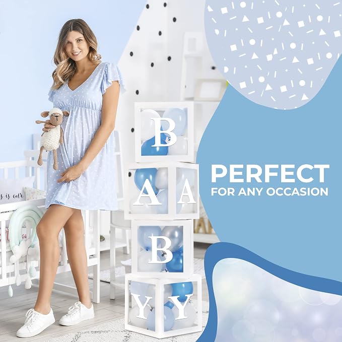 44-Piece Baby Shower Decorations for Boy or Girl - 4 Boxes with Letters and 32 Balloons - Classic White and Blue - Gender Reveal Party Supplies - Photo Shoot Backdrop Prop