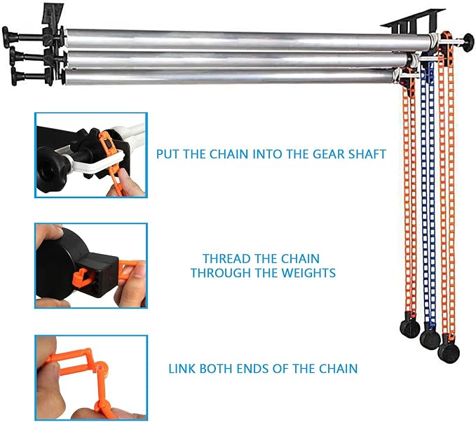 Photography Backdrop Wall Mount 3 Roller Support System, Manual Photo Background Ceiling Holder, Including 2 Tri-fold Hooks, 6 Expand Bars, 3 Chains, for Home Studio Live Stream Game Video