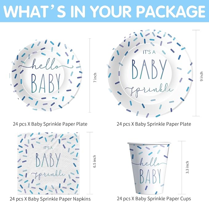 Sprinkle Baby Shower Decorations Tableware for Boy, Blue Confetti It's a Baby Sprinkle Party Decorations Supplies, Paper Plate, Napkin, Cup, Disposable Cutlery, Tablecloth, Serves 24