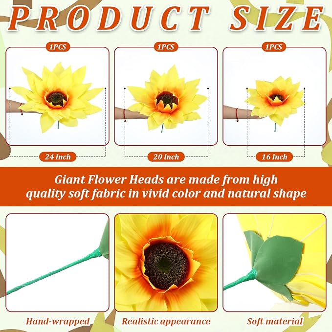 Norme 3 Pcs Giant Sunflower 12, 16, 20 Inch Large Sunflower Yellow Petals Big Paper Flowers Giant Flower for Graduation Decorations, Wedding, Home Decor, Birthday