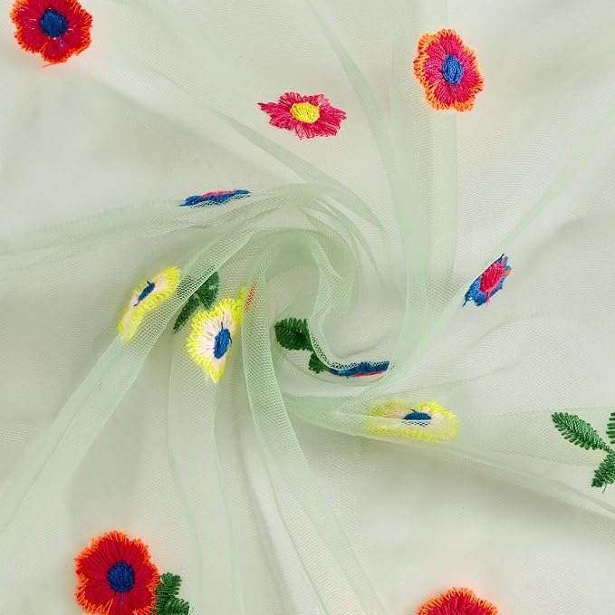 QueenDream 10FT Sage Green Floral Spring Table Runner Embroidery Daisy Gauze Table Runner for Summer Baby Shower Wedding Birthday Party