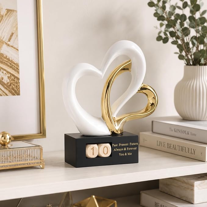 Ceramic Heart Sculpture with Date Blocks, White Gold Hearts Statue for Home Decor, Romantic Valentines Day & Wedding for Couple, Shelf Mantel Tabletop Display (White Gold)