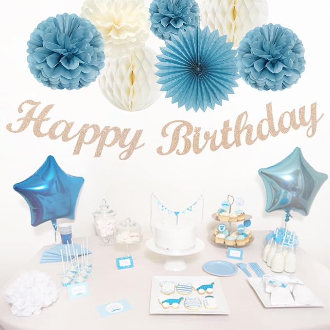 Dusty-Blue White Birthday Party-Decorations Paper-Flowers - 14pcs Happy Banner Boy Lanterns Tissue Pom Poms,Men Streamers Garland Fans Honeycomb,Baby Teen Male Kids Hanging Supplies Decor Hugfond
