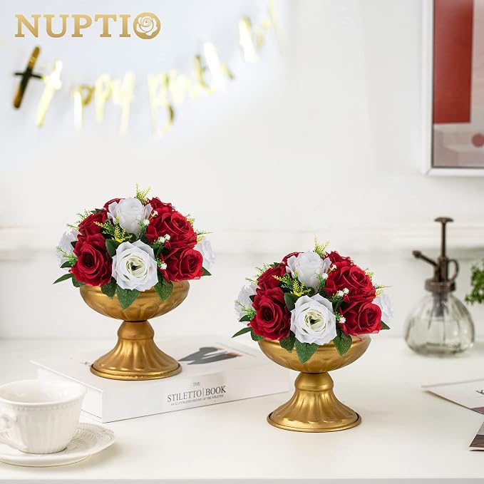 NUPTIO Artificial Flower Centrepieces for Tables - 6 Pcs Crimson & White Fake Flowers Roses Balls 9.5in Diameter - Silk Faux Rose Arrangement for Wedding Party Centerpiece Table Decorations | Crimson & White, Silk Floral Balls Arrangement, for Birthday...