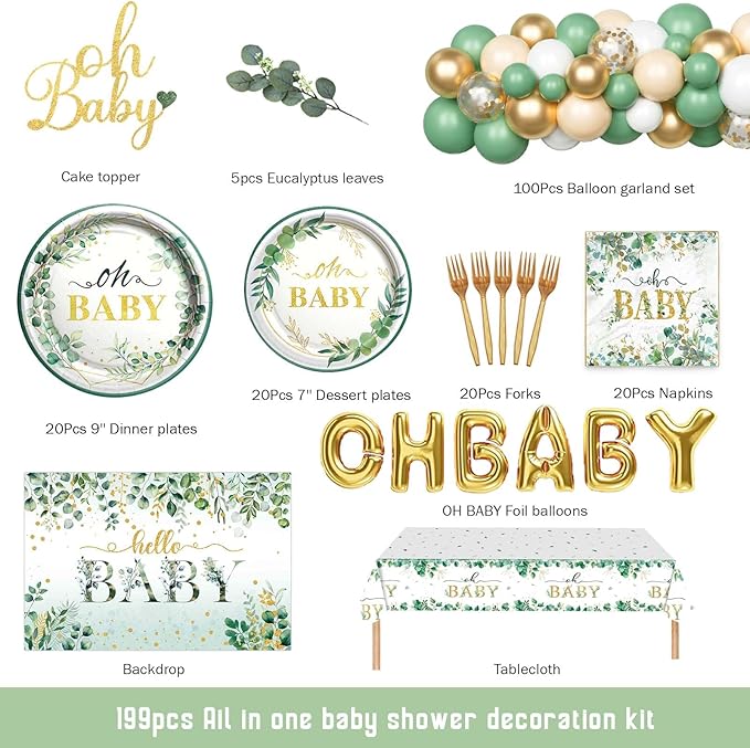 Sage Green Baby Shower Decorations, Greenery Tableware Party Supplies with Paper Plates Napkins Forks for 20 Guests Balloon Arch Kit Oh Baby Backdrop Tablecloth Cake Topper